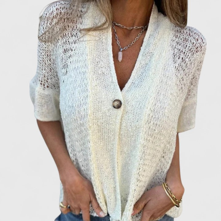 Women's Deep V Neck Short Sleeve Open Stitch Single Button Relaxed Fit Cardigan Style Top
