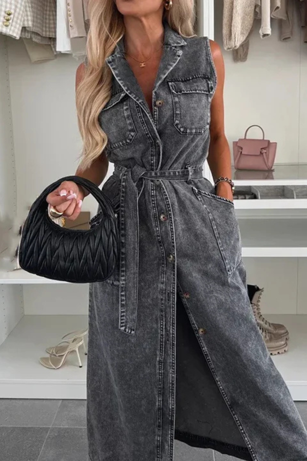 Women's Denim Sleeveless Lapel Collar Button Down Twin Chest Pocket Belted Front Split Maxi Dress