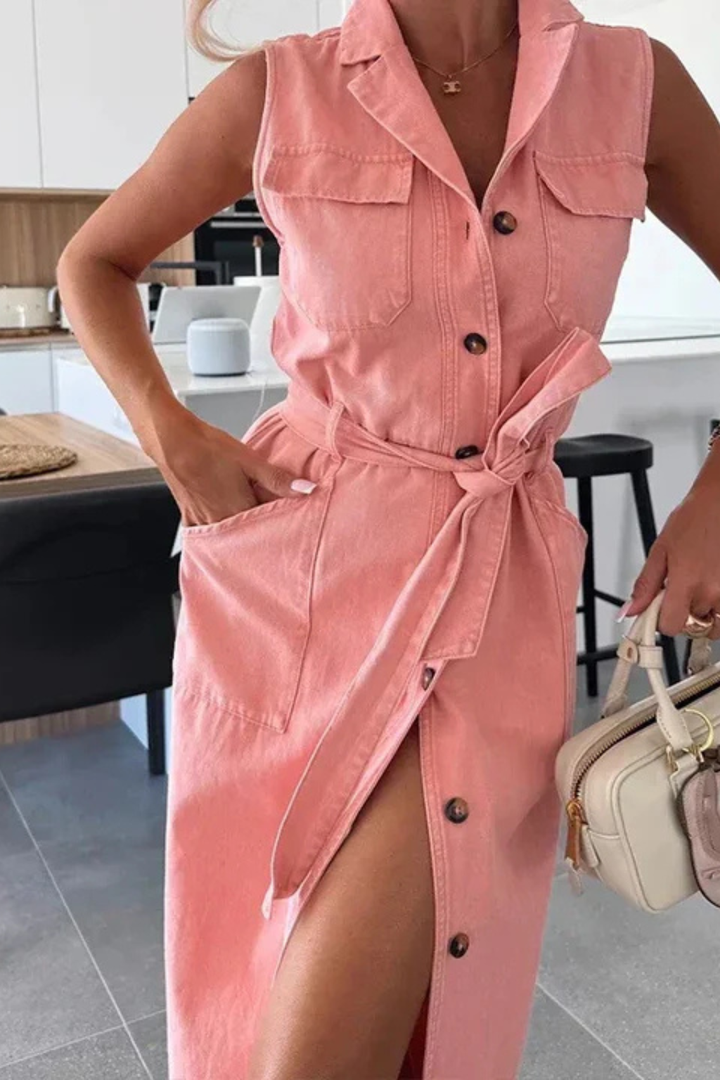 Women's Denim Sleeveless Lapel Collar Button Down Twin Chest Pocket Belted Front Split Maxi Dress