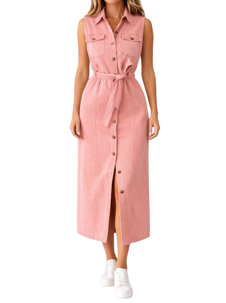 Women's Denim Sleeveless Lapel Collar Button Down Twin Chest Pocket Belted Front Split Maxi Dress