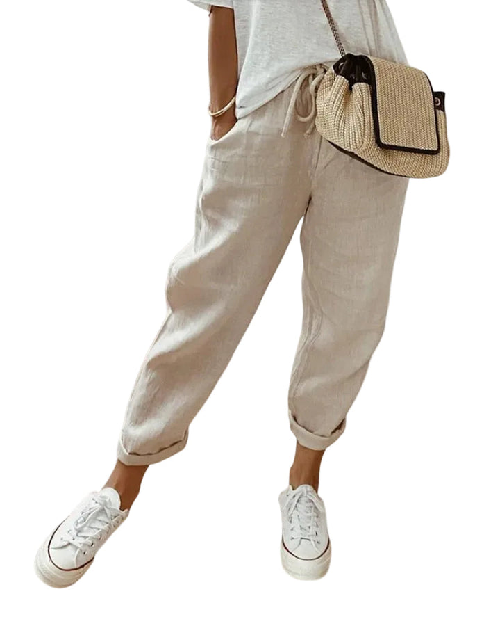 Women's Drawstring Elastic High Waist Relaxed Tapered Leg Rolled Ankle Cuff Side Pocket Solid Casual Pants
