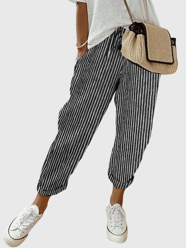 Women's Drawstring Elastic High Waist Relaxed Tapered Leg Rolled Ankle Cuff Side Pocket Solid Casual Pants