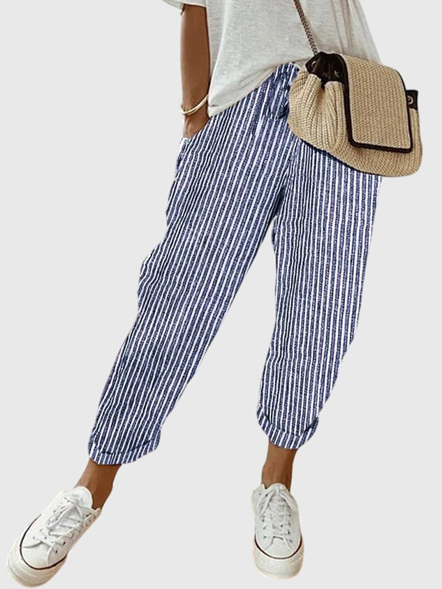 Women's Drawstring Elastic High Waist Relaxed Tapered Leg Rolled Ankle Cuff Side Pocket Solid Casual Pants