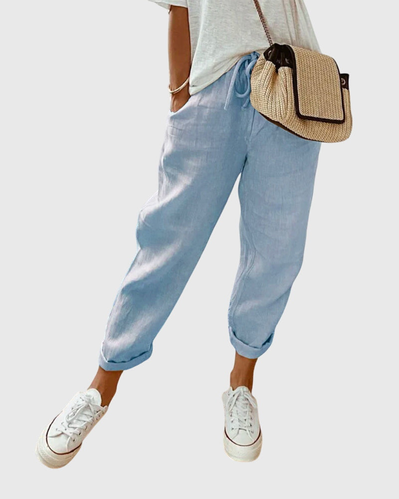 Women's Drawstring Elastic High Waist Relaxed Tapered Leg Rolled Ankle Cuff Side Pocket Solid Casual Pants