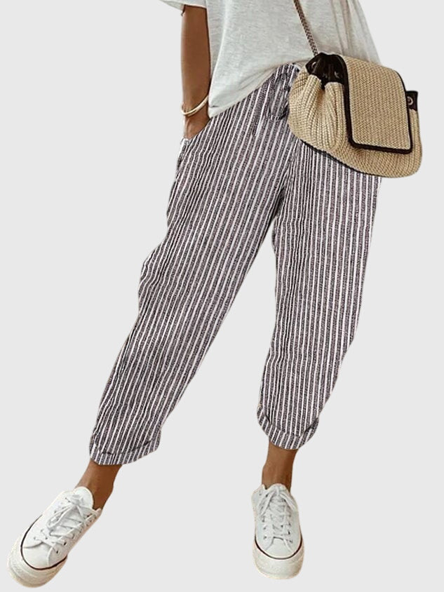 Women's Drawstring Elastic High Waist Relaxed Tapered Leg Rolled Ankle Cuff Side Pocket Solid Casual Pants