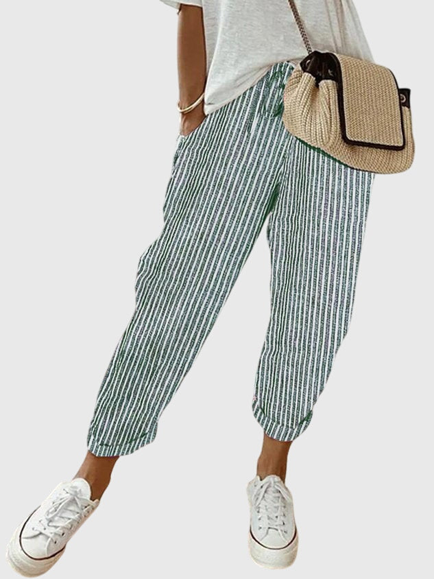 Women's Drawstring Elastic High Waist Relaxed Tapered Leg Rolled Ankle Cuff Side Pocket Solid Casual Pants