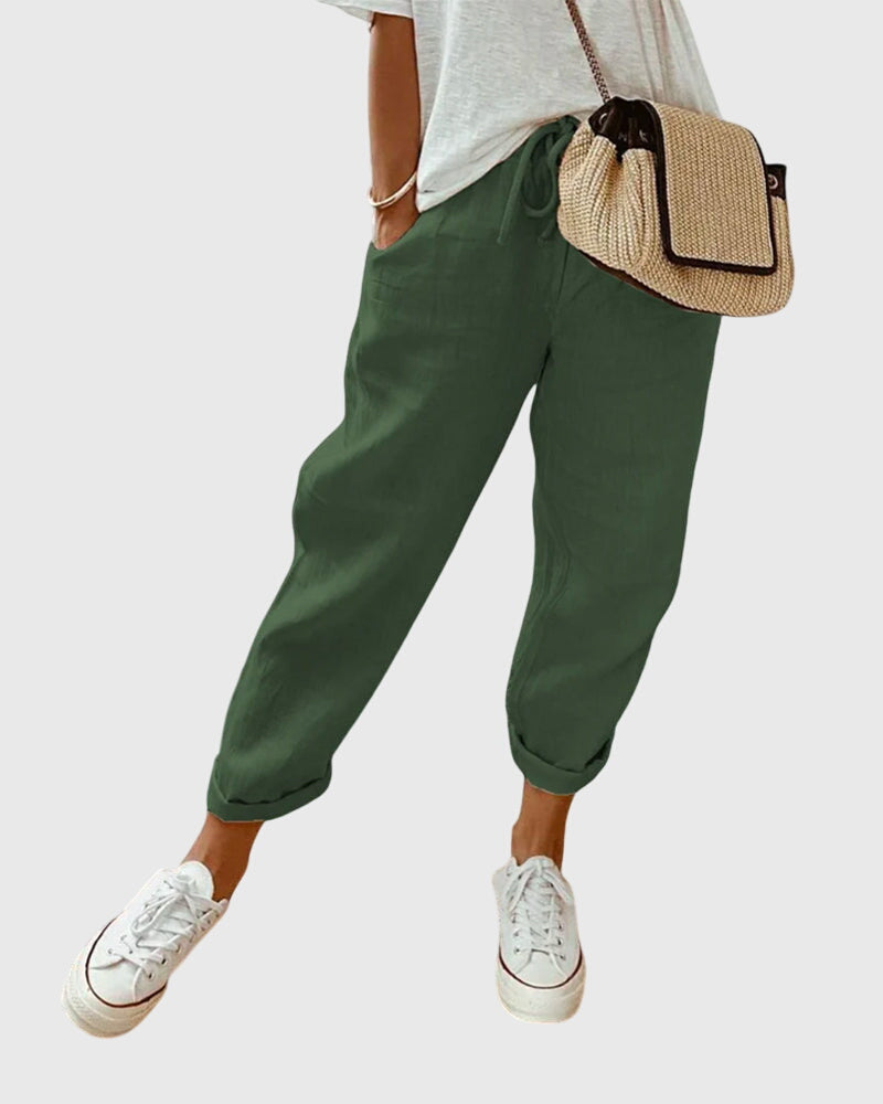 Women's Drawstring Elastic High Waist Relaxed Tapered Leg Rolled Ankle Cuff Side Pocket Solid Casual Pants