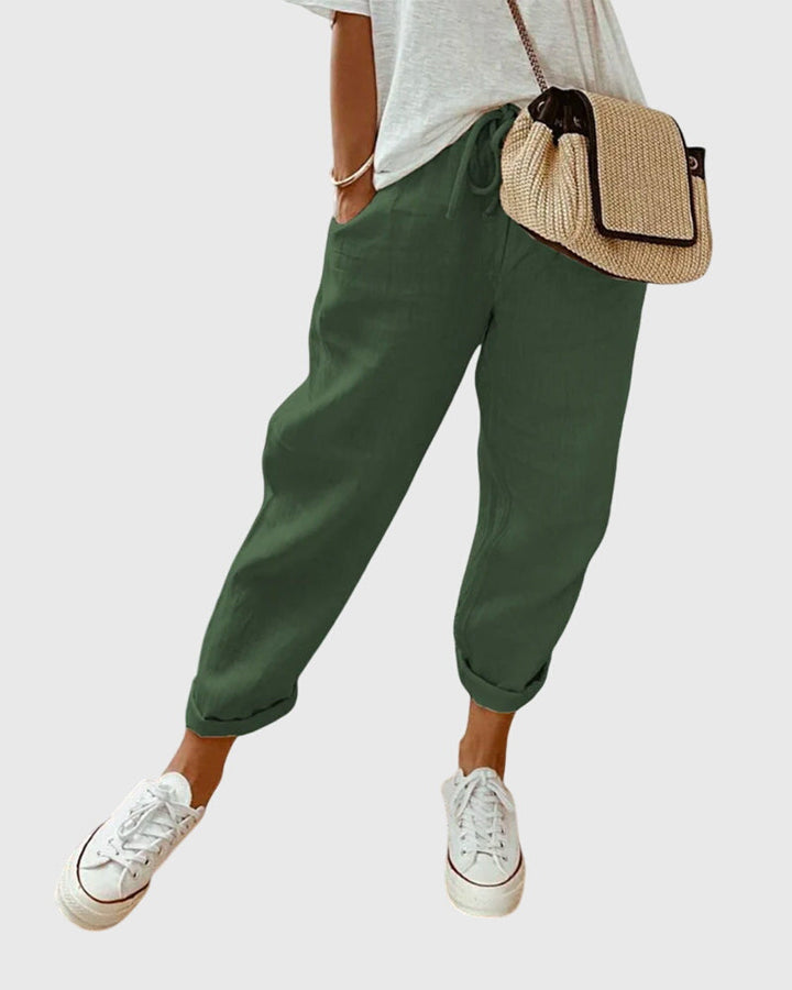 Women's Drawstring Elastic High Waist Relaxed Tapered Leg Rolled Ankle Cuff Side Pocket Solid Casual Pants