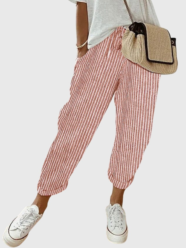 Women's Drawstring Elastic High Waist Relaxed Tapered Leg Rolled Ankle Cuff Side Pocket Solid Casual Pants