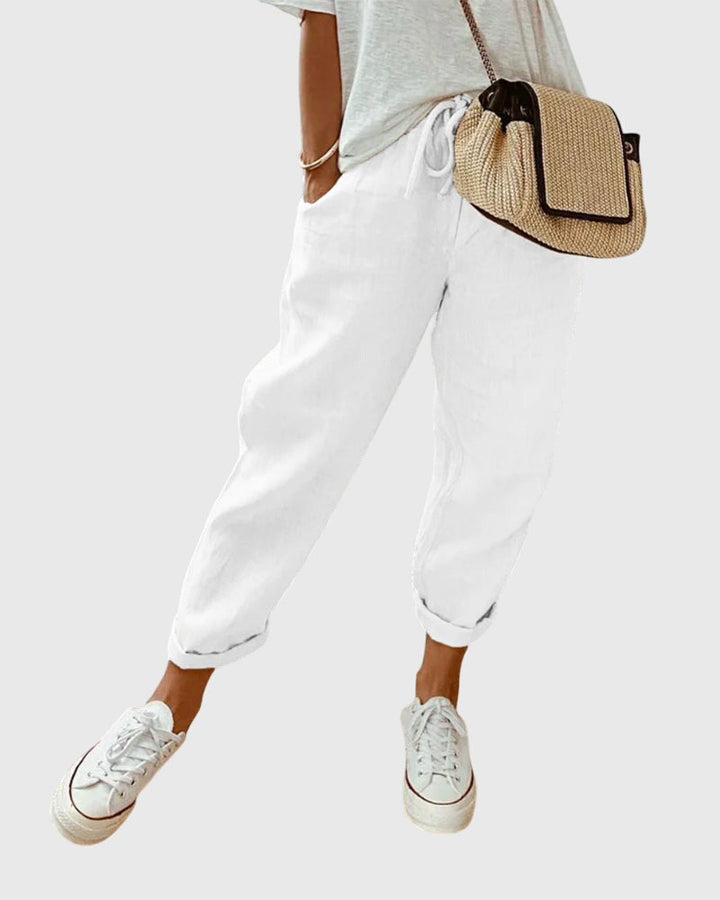 Women's Drawstring Elastic High Waist Relaxed Tapered Leg Rolled Ankle Cuff Side Pocket Solid Casual Pants
