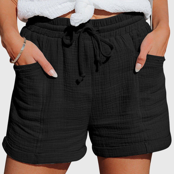 Women's Elastic Drawstring High Waist Relaxed Wide Leg Rolled Hem Side Pocket Crinkle Textured Casual Shorts