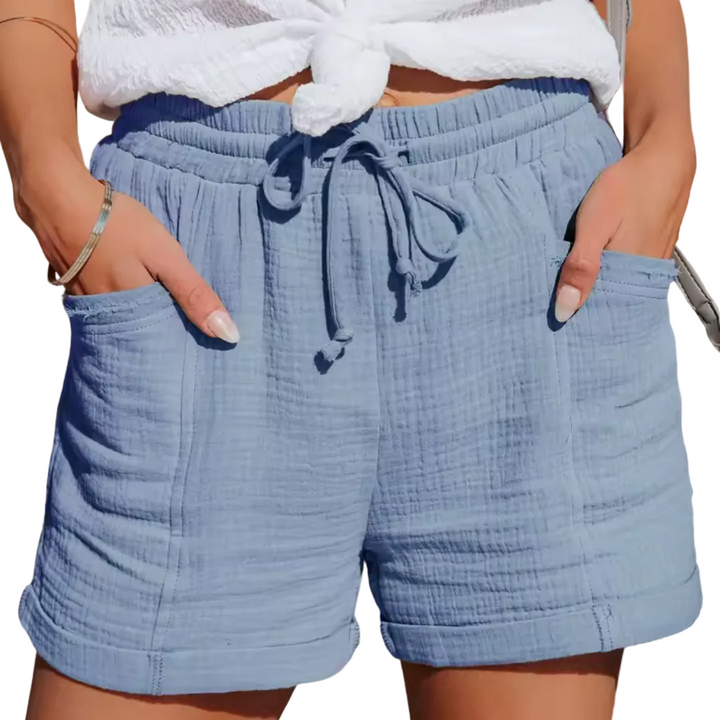 Women's Elastic Drawstring High Waist Relaxed Wide Leg Rolled Hem Side Pocket Crinkle Textured Casual Shorts