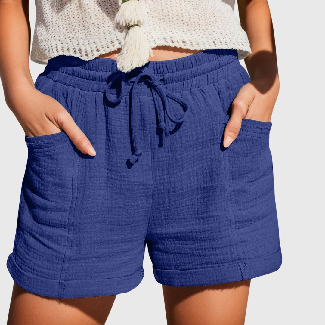 Women's Elastic Drawstring High Waist Relaxed Wide Leg Rolled Hem Side Pocket Crinkle Textured Casual Shorts