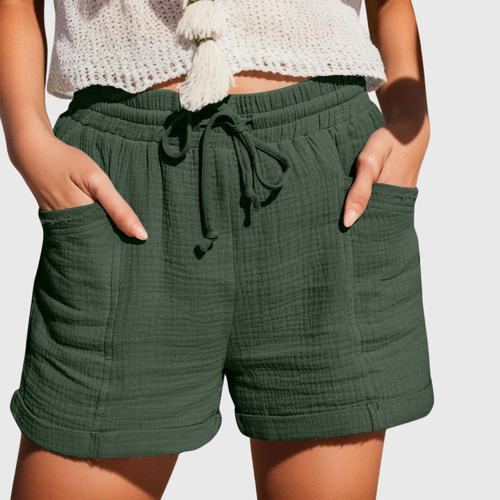 Women's Elastic Drawstring High Waist Relaxed Wide Leg Rolled Hem Side Pocket Crinkle Textured Casual Shorts