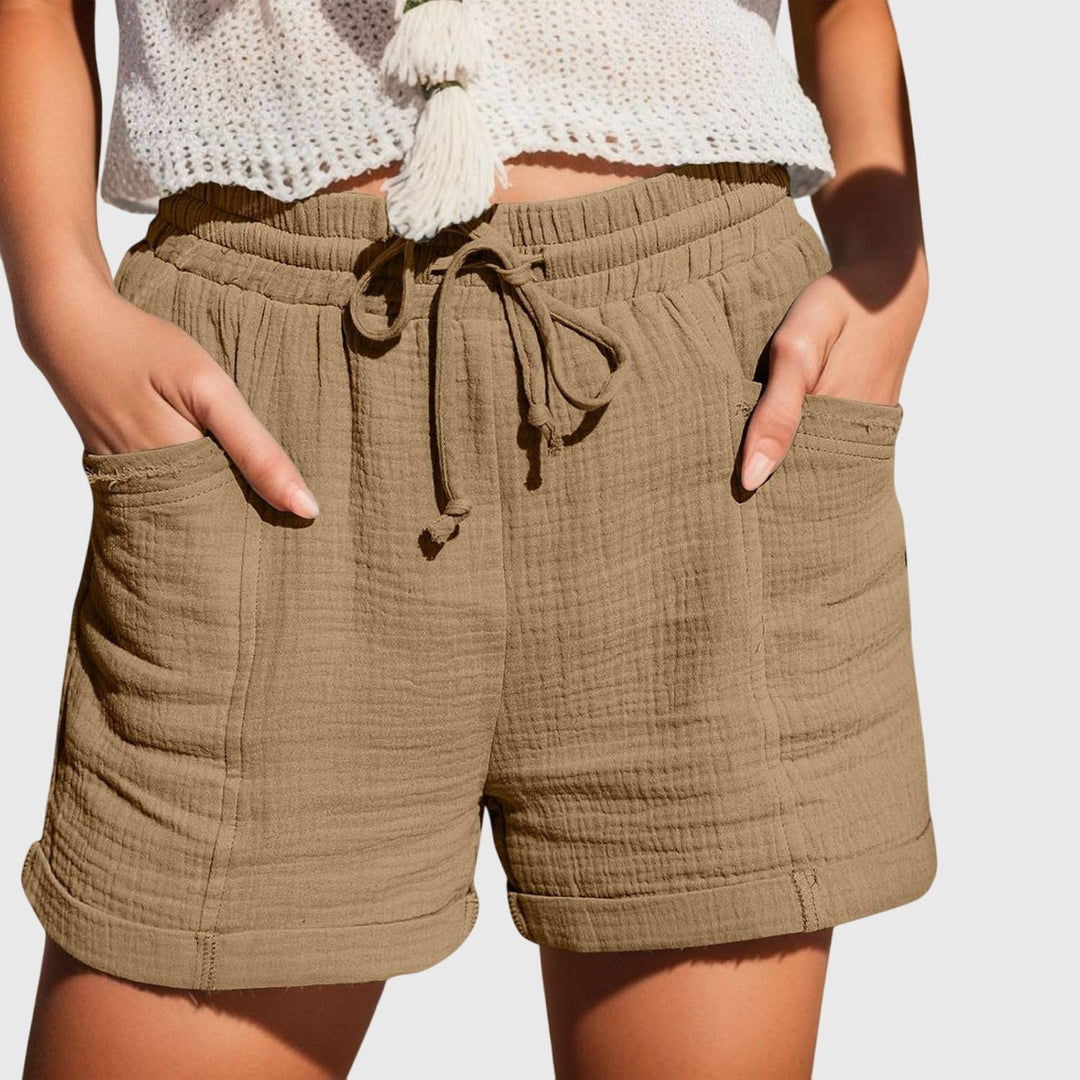 Women's Elastic Drawstring High Waist Relaxed Wide Leg Rolled Hem Side Pocket Crinkle Textured Casual Shorts