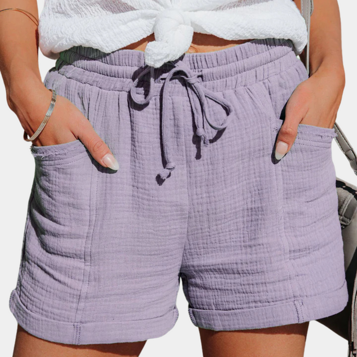 Women's Elastic Drawstring High Waist Relaxed Wide Leg Rolled Hem Side Pocket Crinkle Textured Casual Shorts