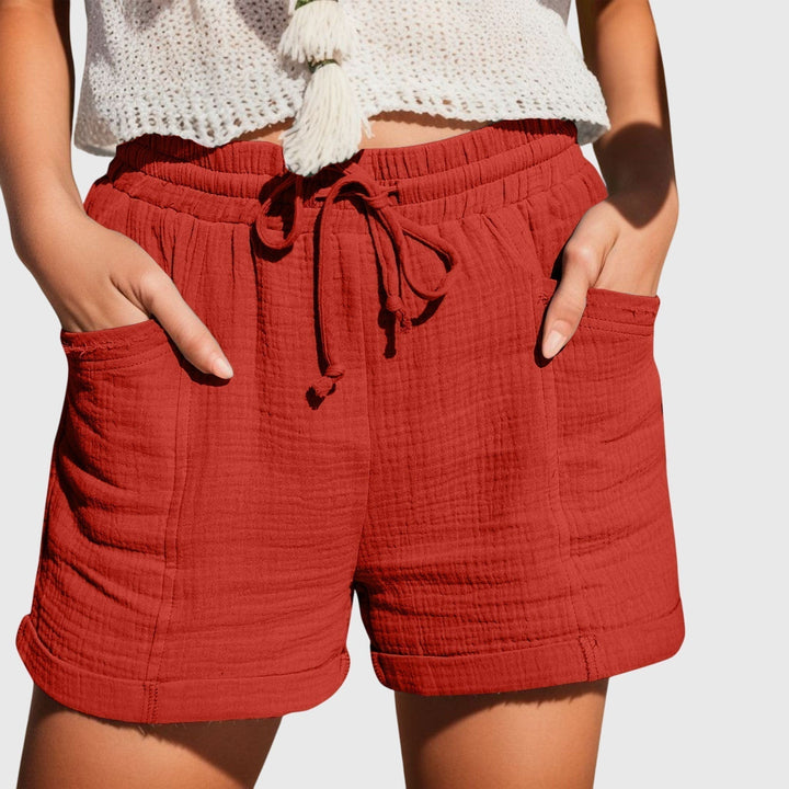 Women's Elastic Drawstring High Waist Relaxed Wide Leg Rolled Hem Side Pocket Crinkle Textured Casual Shorts