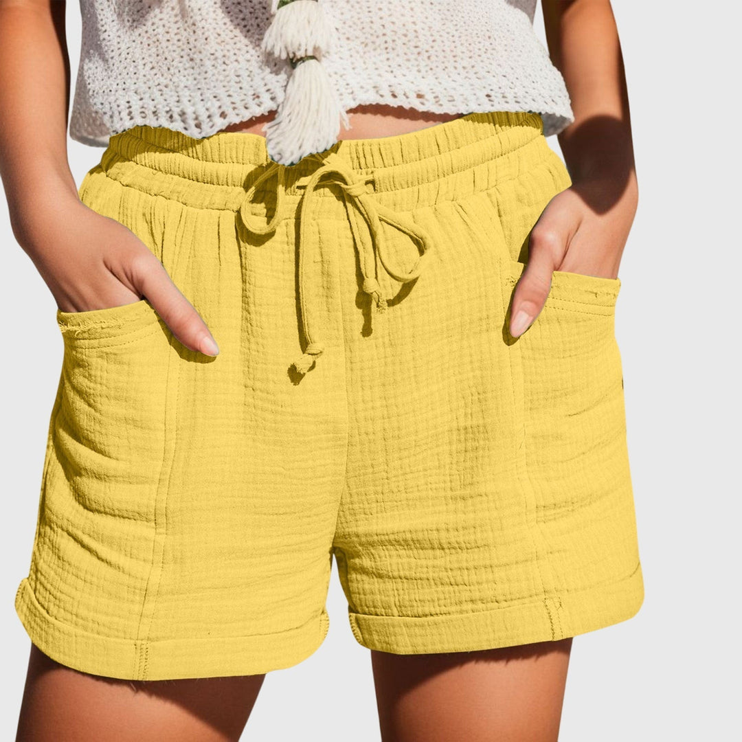 Women's Elastic Drawstring High Waist Relaxed Wide Leg Rolled Hem Side Pocket Crinkle Textured Casual Shorts