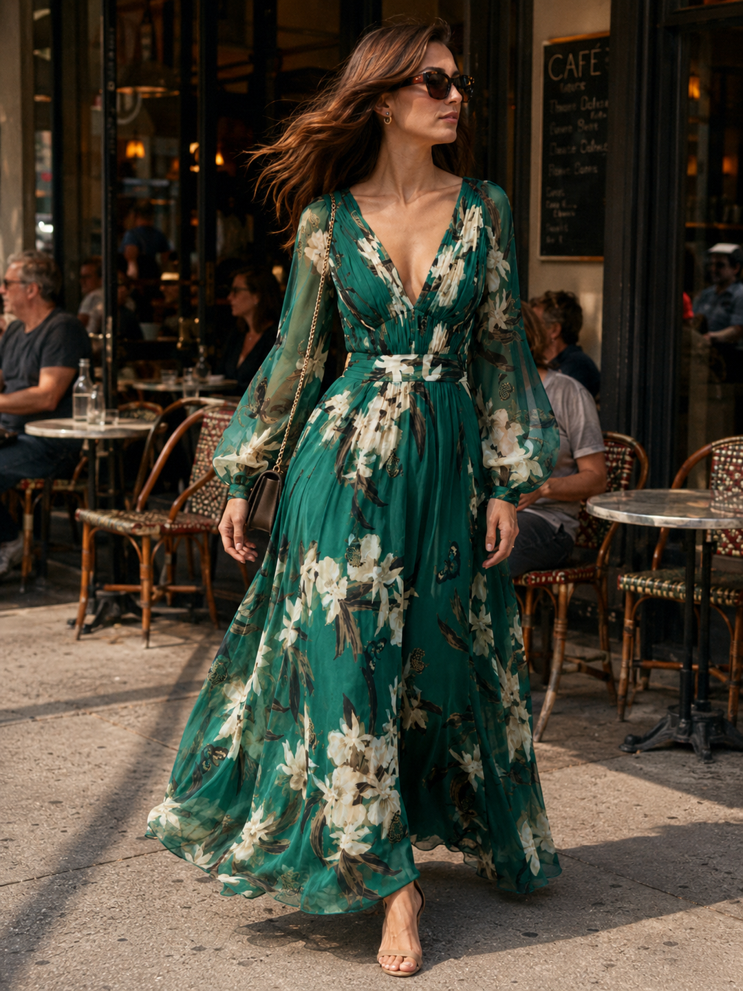 Women's Floral Butterfly Print Deep V-Neck Gathered Balloon Sleeve Elasticated Waist Full A-Line Maxi Dress