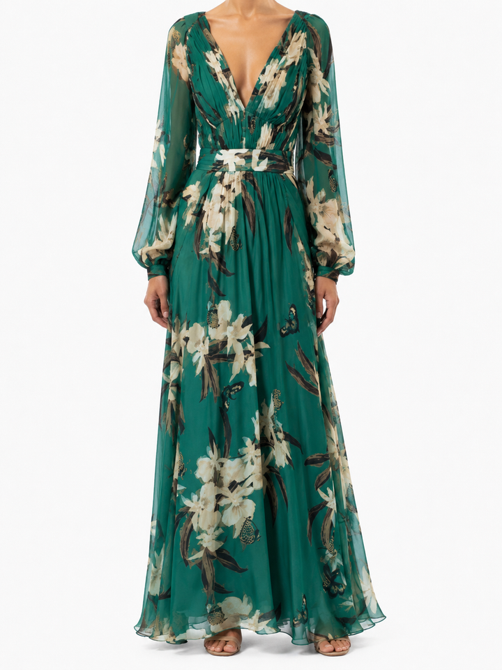 Women's Floral Butterfly Print Deep V-Neck Gathered Balloon Sleeve Elasticated Waist Full A-Line Maxi Dress