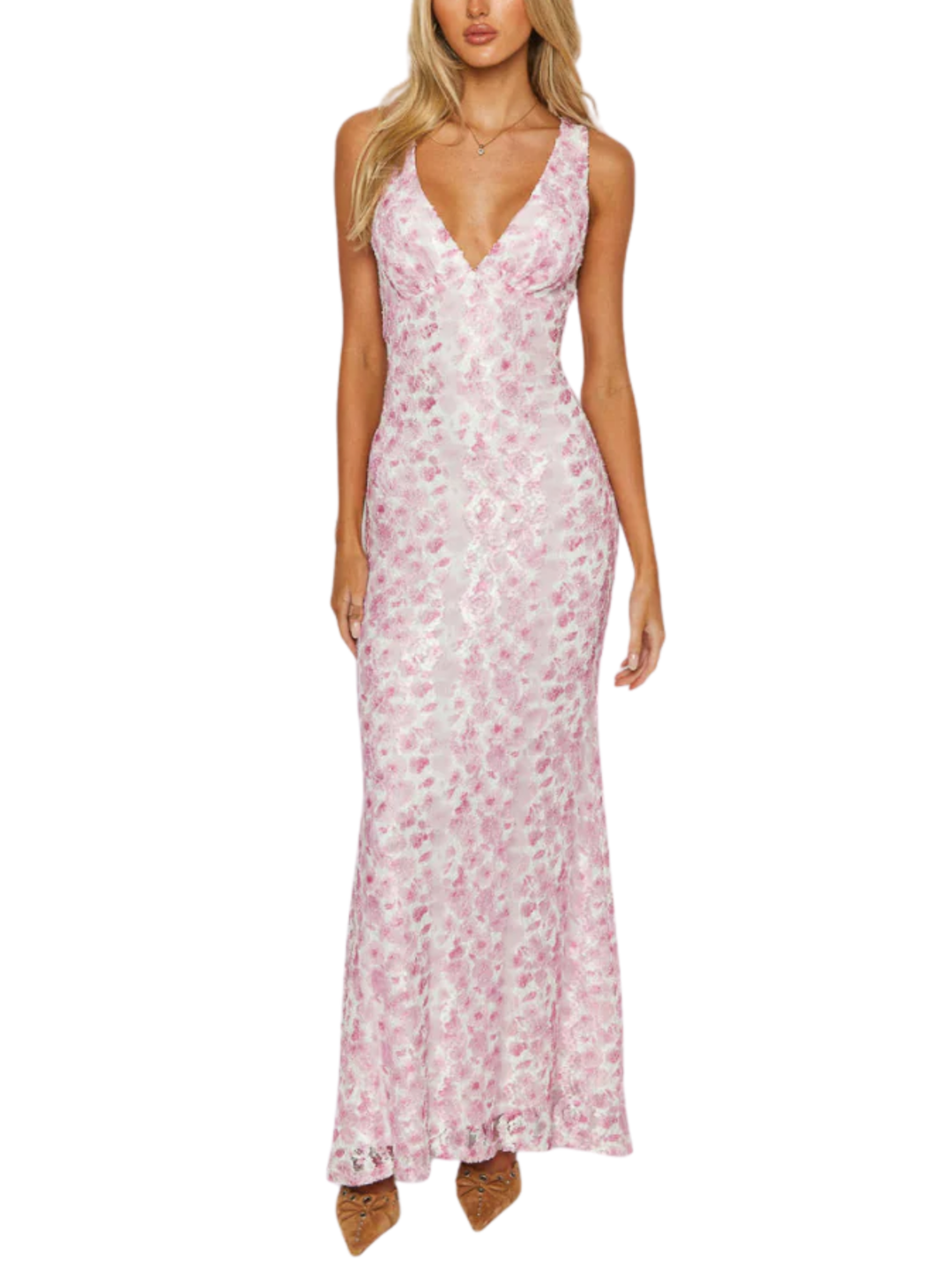Women's Floral Openwork Overlay Sleeveless Deep V Neck Sweetheart Bust Fitted Mermaid Flare Floor Length Maxi Dress