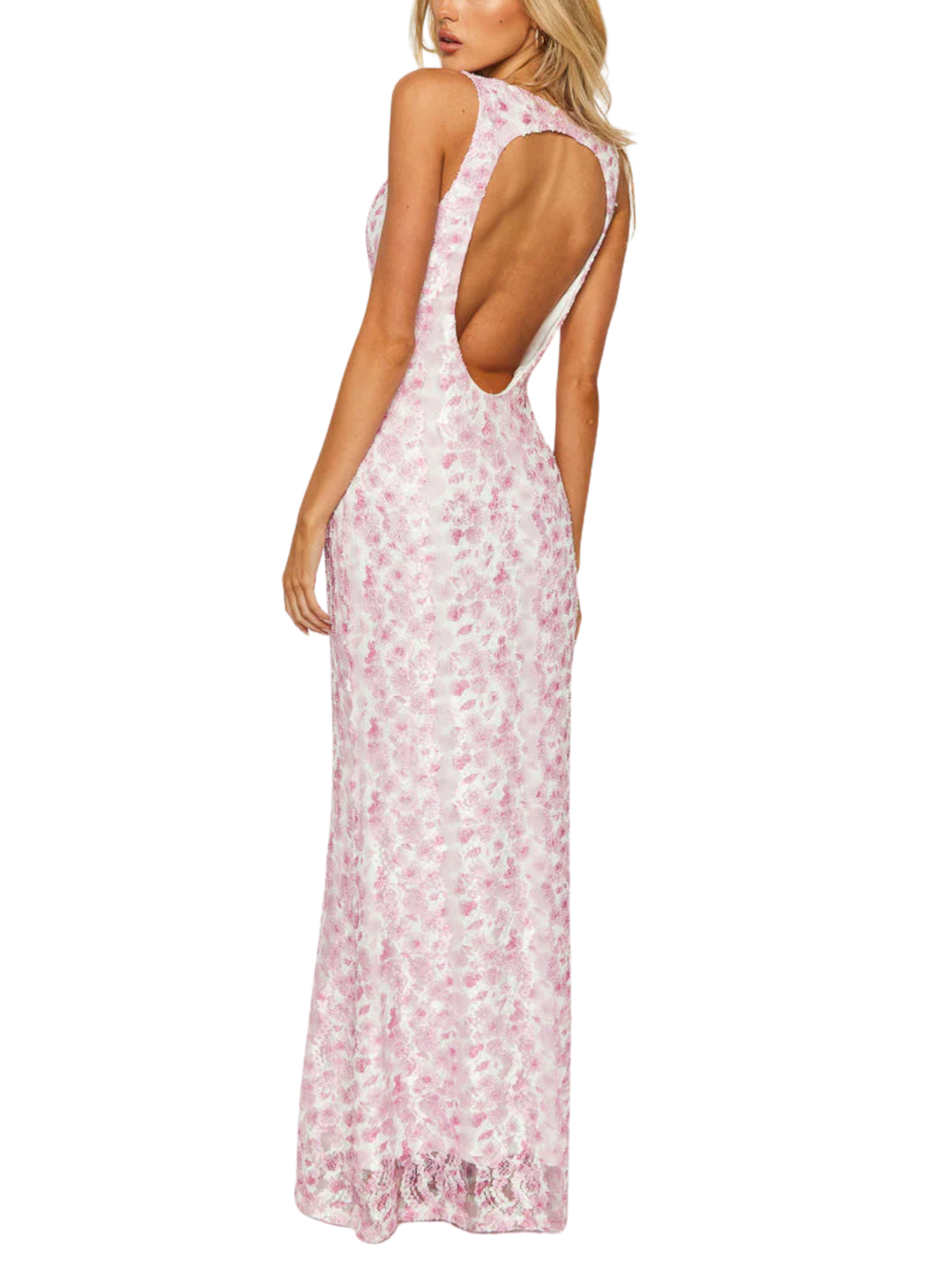 Women's Floral Openwork Overlay Sleeveless Deep V Neck Sweetheart Bust Fitted Mermaid Flare Floor Length Maxi Dress