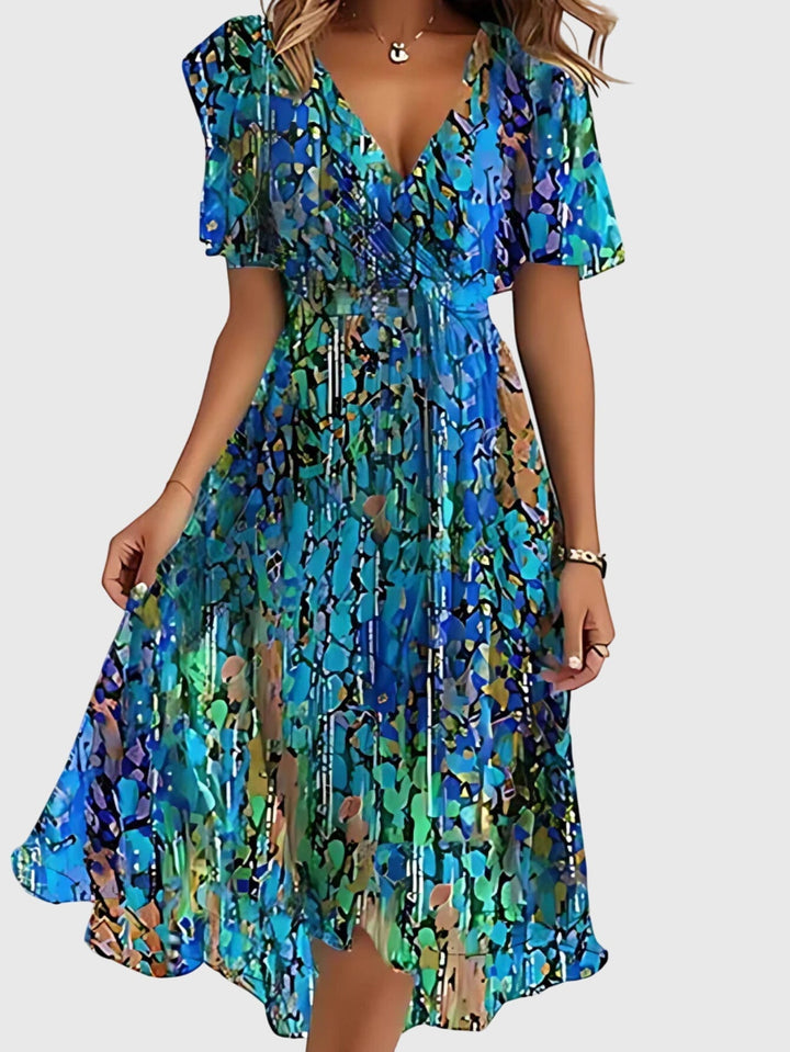 Women's Floral Print Surplice Wrap Midi Dress with Self Tie Waist Sash Flutter Sleeves and Ruffled Hem