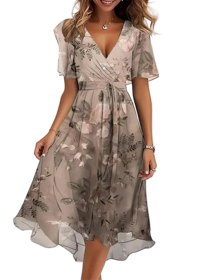 Women's Floral Print Surplice Wrap Midi Dress with Self Tie Waist Sash Flutter Sleeves and Ruffled Hem