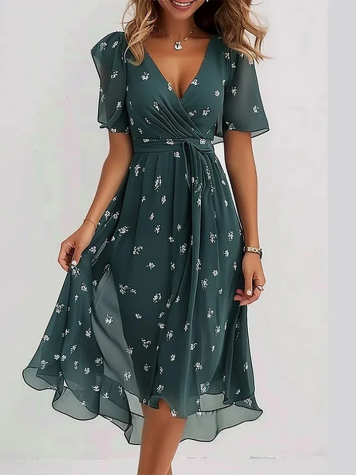 Women's Floral Print Surplice Wrap Midi Dress with Self Tie Waist Sash Flutter Sleeves and Ruffled Hem