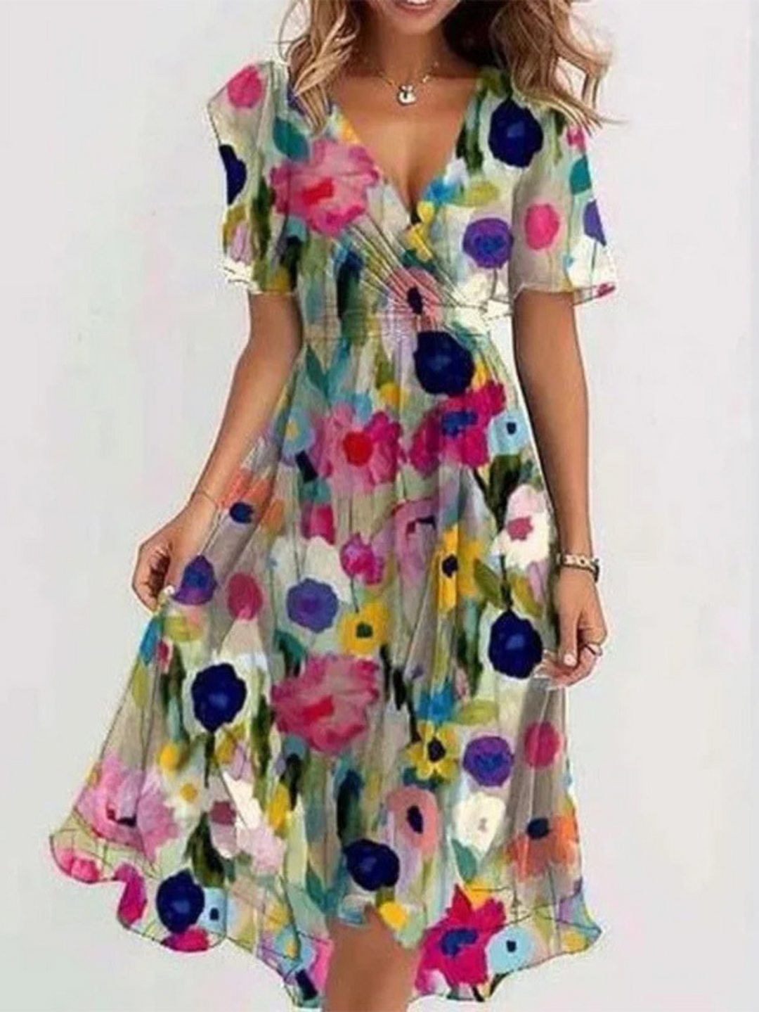 Women's Floral Print Surplice Wrap Midi Dress with Self Tie Waist Sash Flutter Sleeves and Ruffled Hem