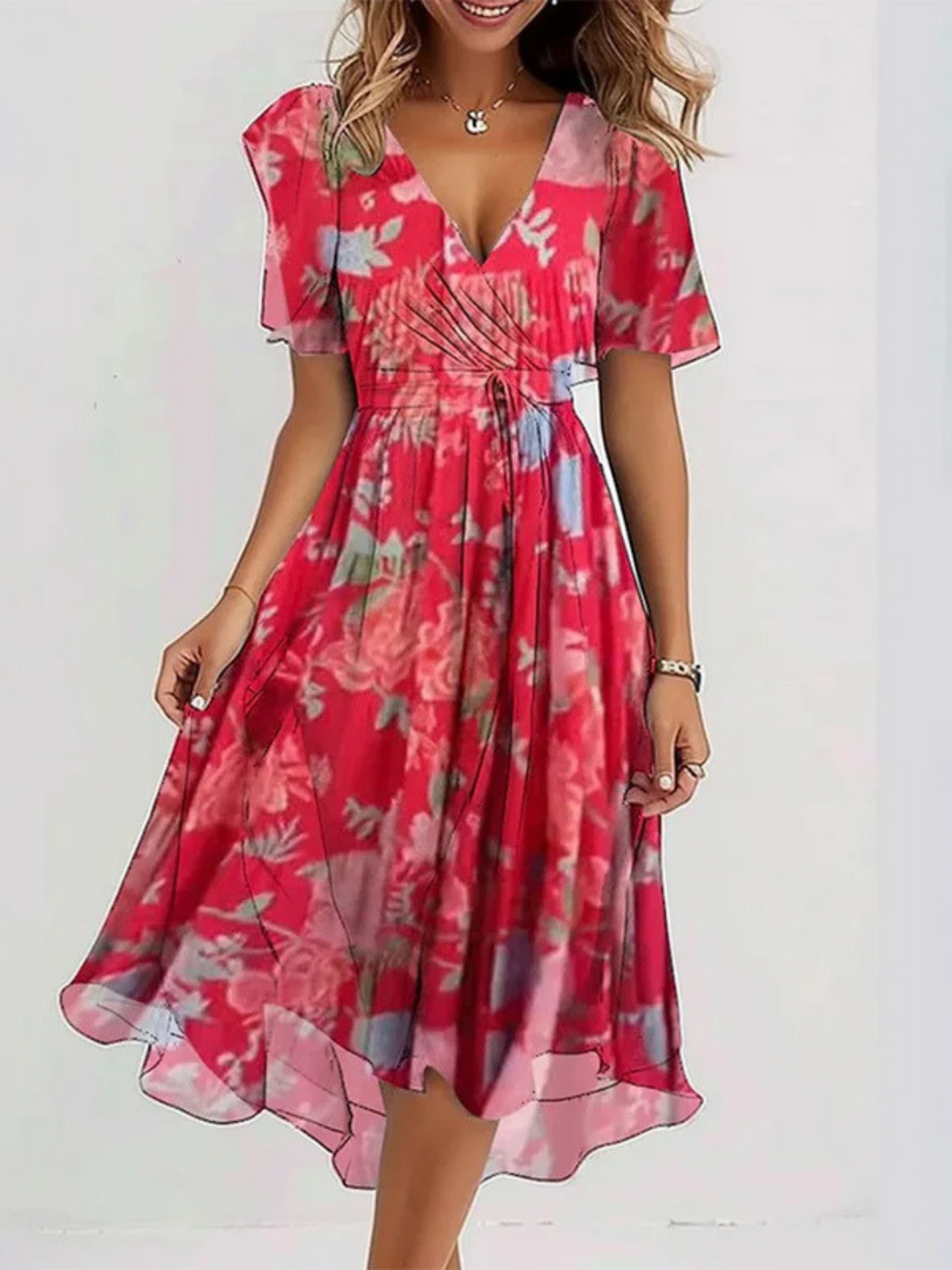 Women's Floral Print Surplice Wrap Midi Dress with Self Tie Waist Sash Flutter Sleeves and Ruffled Hem