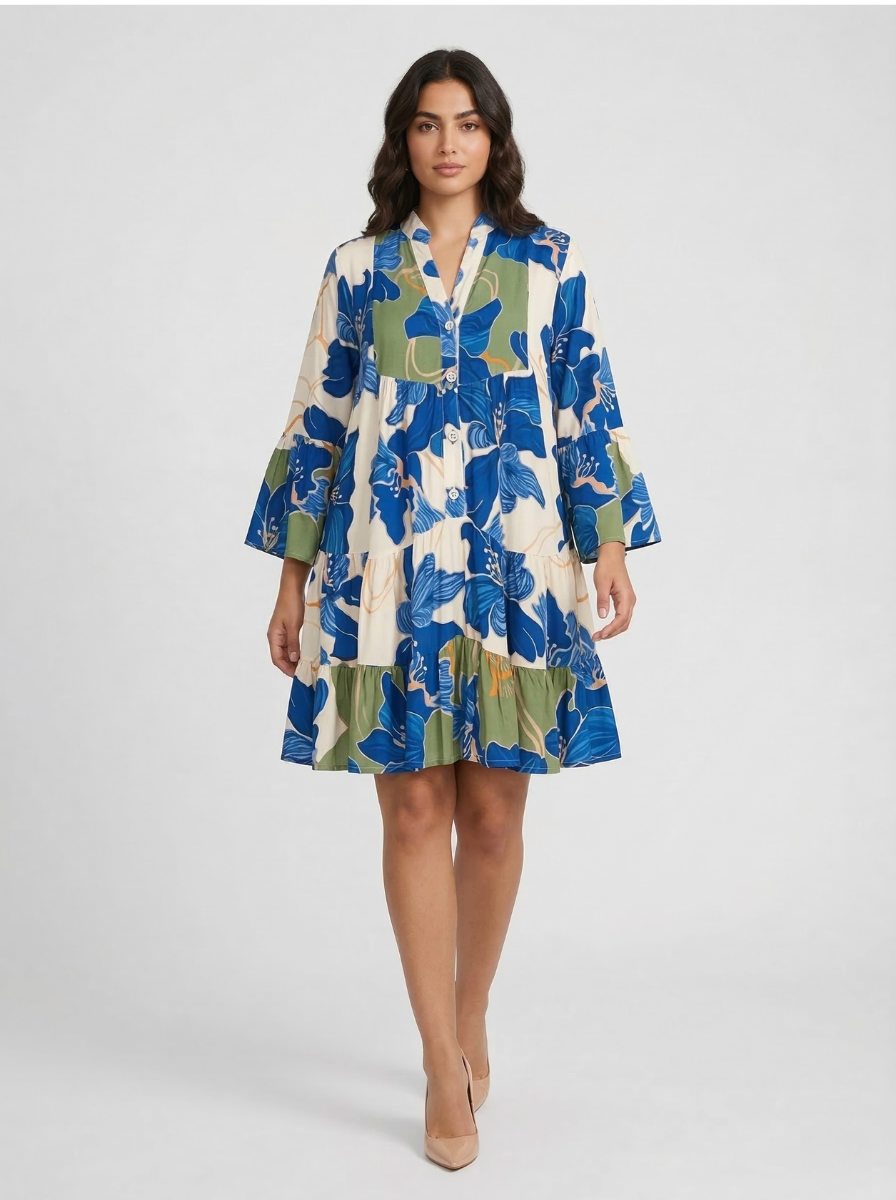 Women's Floral Print V-Neck 3/4 Bell Sleeve Tiered Ruffle Mini Dress