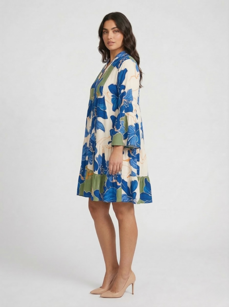 Women's Floral Print V-Neck 3/4 Bell Sleeve Tiered Ruffle Mini Dress