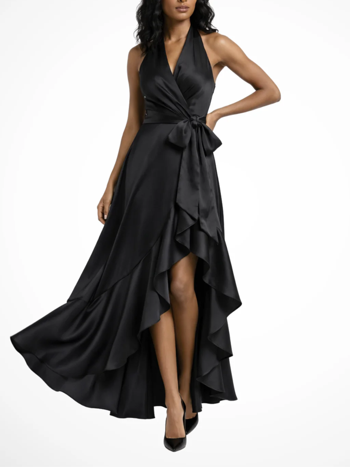 Women's Halter Neck Wrap Bodice Maxi Dress with Oversized Bow Waist High Low Asymmetric Tiered Ruffle Hem