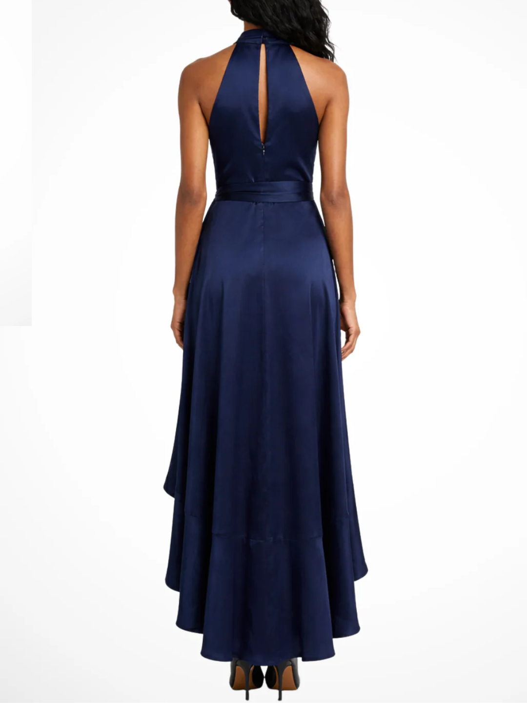 Women's Halter Neck Wrap Bodice Maxi Dress with Oversized Bow Waist High Low Asymmetric Tiered Ruffle Hem