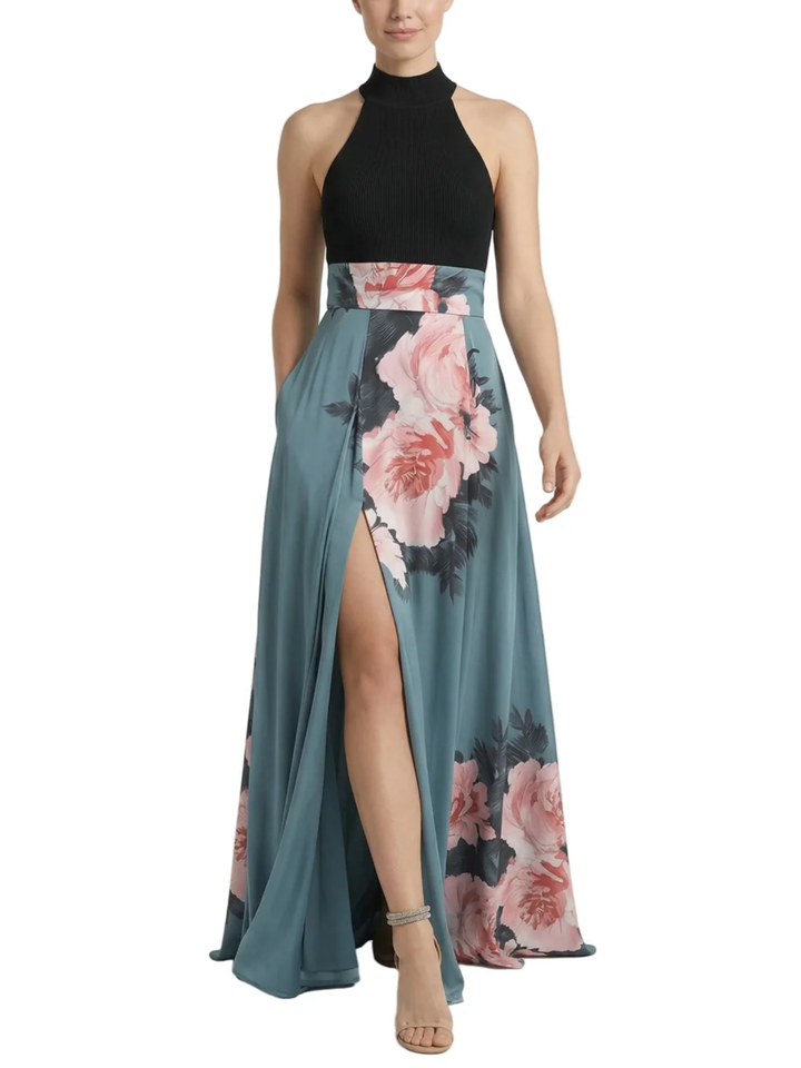 Women's High Mock Neck Halter Fitted Ribbed Bodice Large Scale Peony Floral Waist Panel Open Back Front Split A-Line Floor Length Maxi Dress