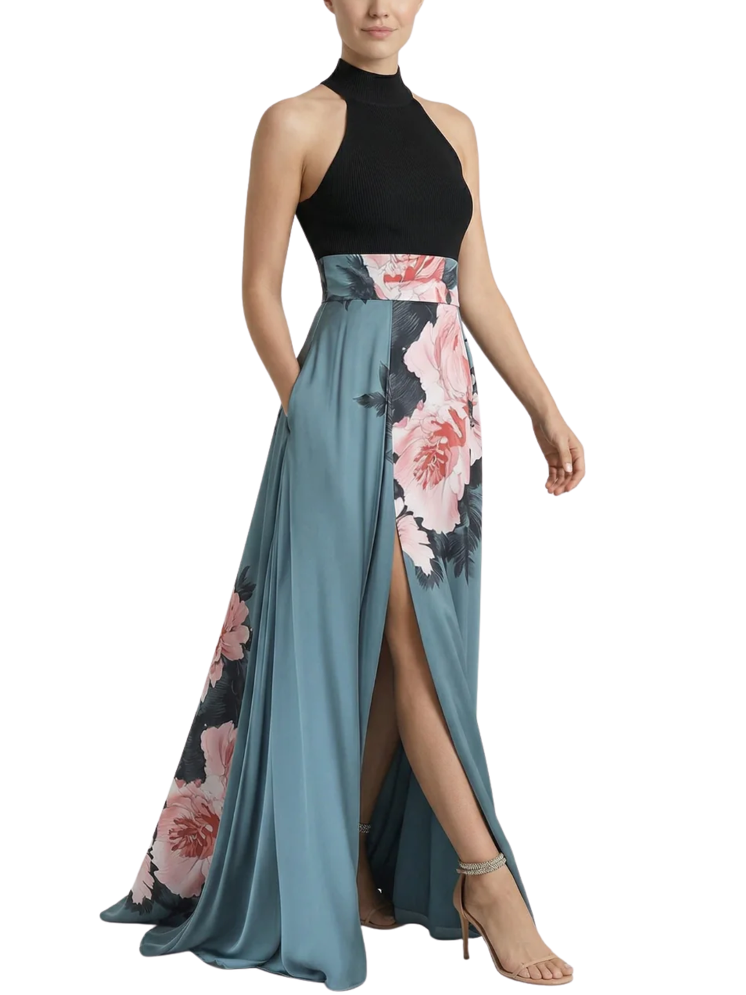 Women's High Mock Neck Halter Fitted Ribbed Bodice Large Scale Peony Floral Waist Panel Open Back Front Split A-Line Floor Length Maxi Dress