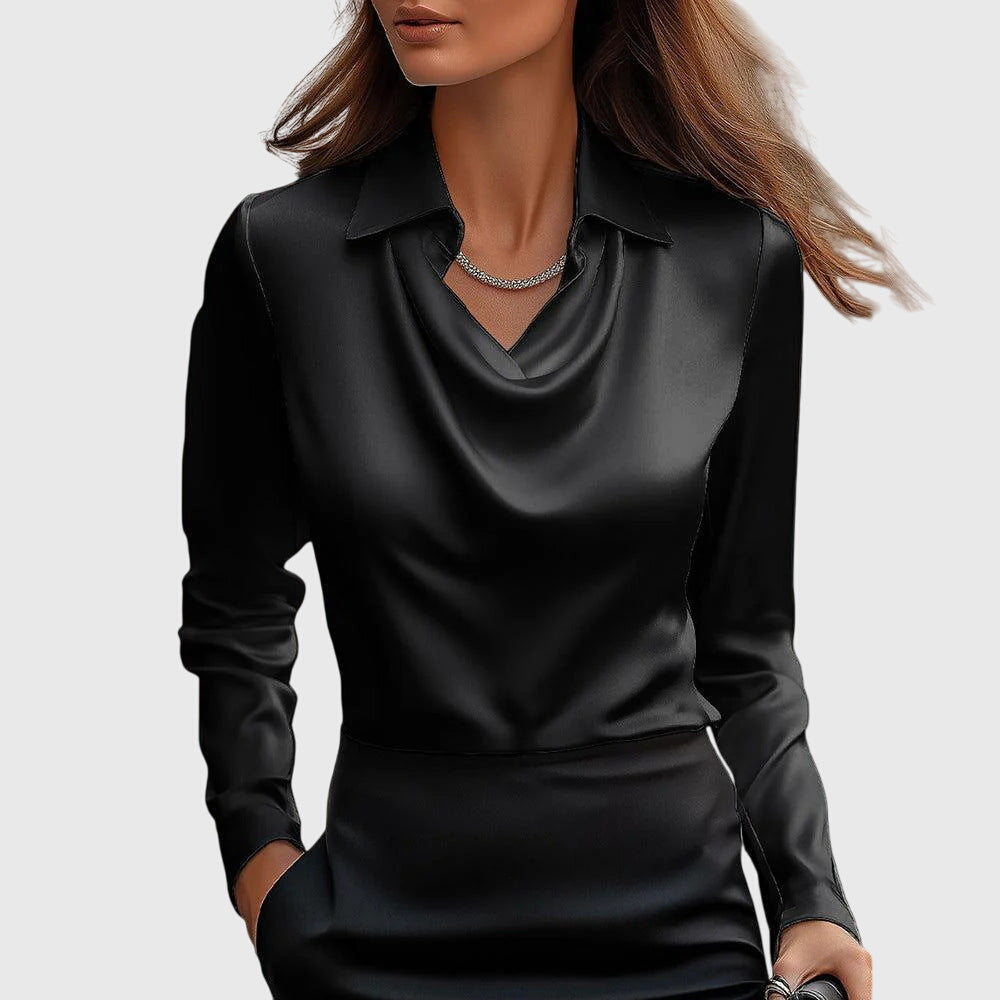 Women's High Sheen Fluid Long Sleeve Point Collar Cowl Draped Neckline Buttoned Cuff Relaxed Fit Blouse