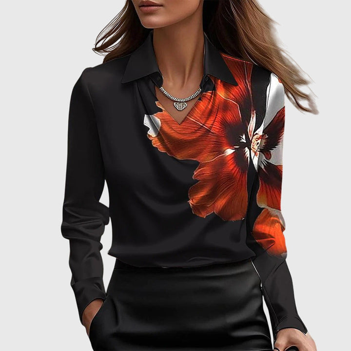 Women's High Sheen Fluid Long Sleeve Point Collar Cowl Draped Neckline Buttoned Cuff Relaxed Fit Blouse