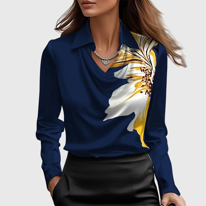Women's High Sheen Fluid Long Sleeve Point Collar Cowl Draped Neckline Buttoned Cuff Relaxed Fit Blouse