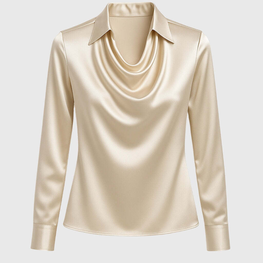 Women's High Sheen Fluid Long Sleeve Point Collar Cowl Draped Neckline Buttoned Cuff Relaxed Fit Blouse