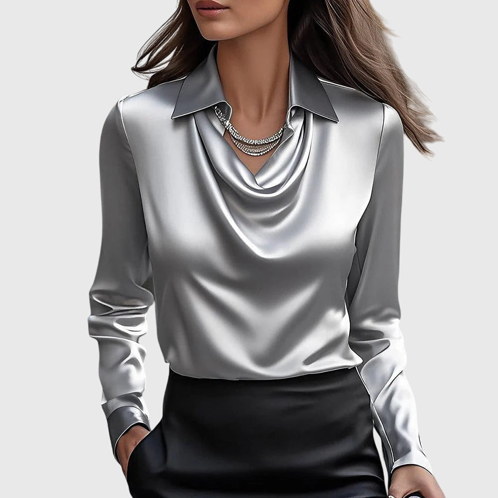 Women's High Sheen Fluid Long Sleeve Point Collar Cowl Draped Neckline Buttoned Cuff Relaxed Fit Blouse
