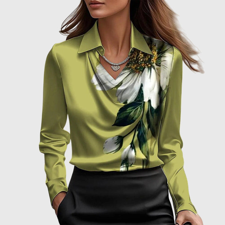 Women's High Sheen Fluid Long Sleeve Point Collar Cowl Draped Neckline Buttoned Cuff Relaxed Fit Blouse