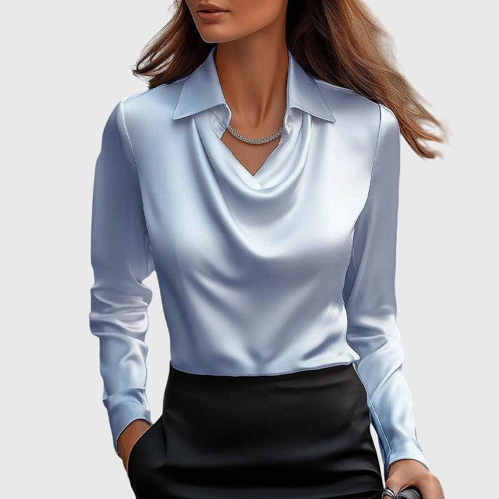 Women's High Sheen Fluid Long Sleeve Point Collar Cowl Draped Neckline Buttoned Cuff Relaxed Fit Blouse