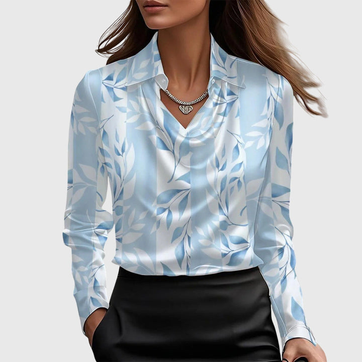 Women's High Sheen Fluid Long Sleeve Point Collar Cowl Draped Neckline Buttoned Cuff Relaxed Fit Blouse