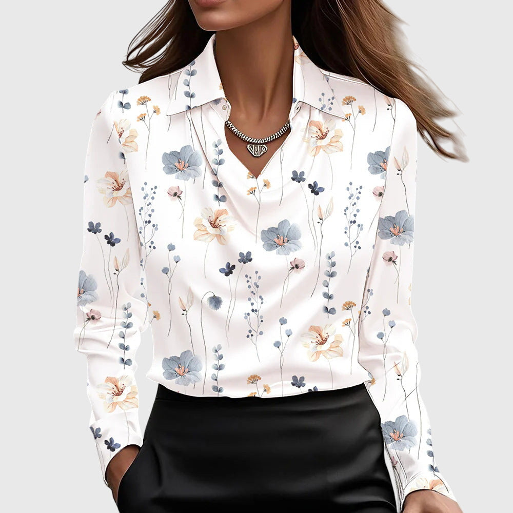Women's High Sheen Fluid Long Sleeve Point Collar Cowl Draped Neckline Buttoned Cuff Relaxed Fit Blouse