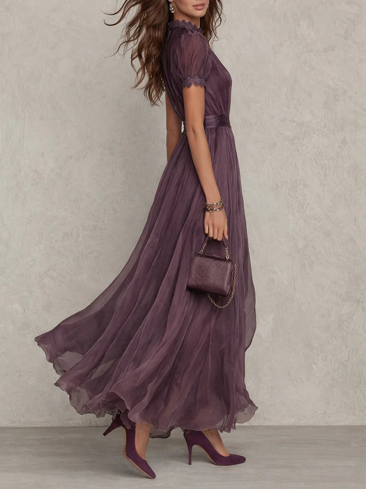 Women's High Stand Neck Keyhole Ornate Trim Puff Sleeve Wide Waistband Gathered Bodice Full Volume Flowing Floor Length Maxi Dress