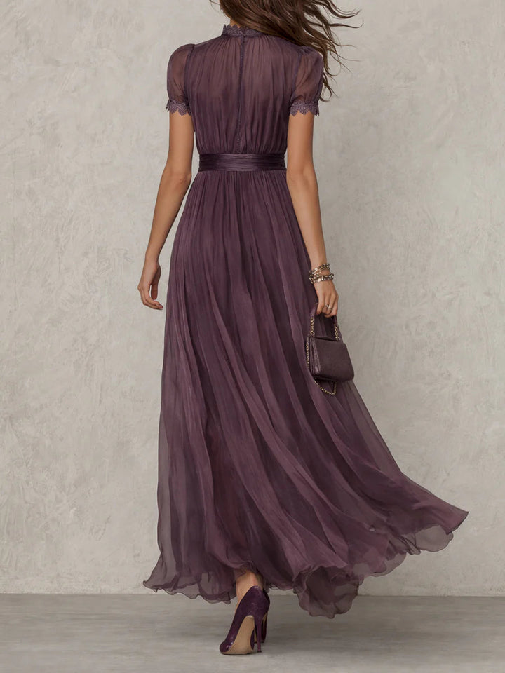 Women's High Stand Neck Keyhole Ornate Trim Puff Sleeve Wide Waistband Gathered Bodice Full Volume Flowing Floor Length Maxi Dress
