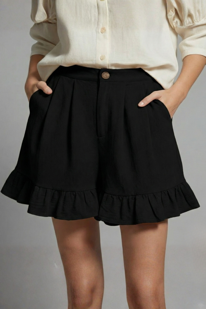 Women's High Waist Button Front Pleated Wide Leg Ruffle Flounce Hem Side Pocket Solid Casual Shorts