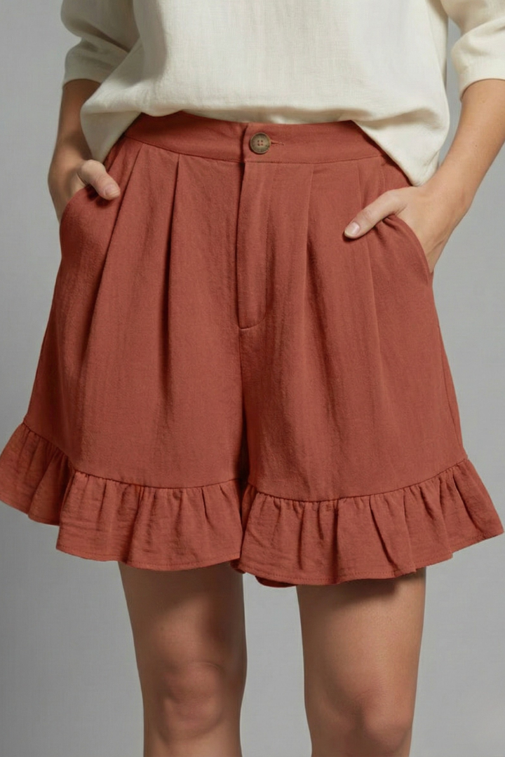 Women's High Waist Button Front Pleated Wide Leg Ruffle Flounce Hem Side Pocket Solid Casual Shorts